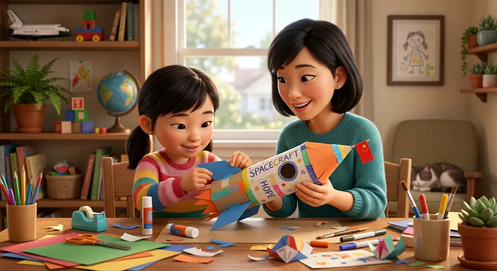 A girl and her mom building a paper rocket at the kitchen table