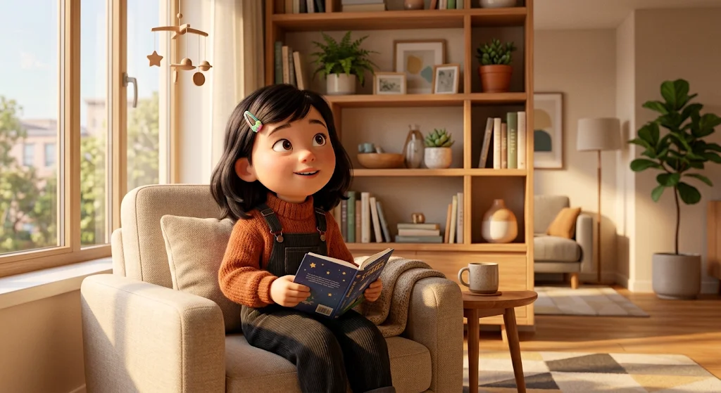 A curious girl in an armchair holding a starry storybook and gazing up thoughtfully