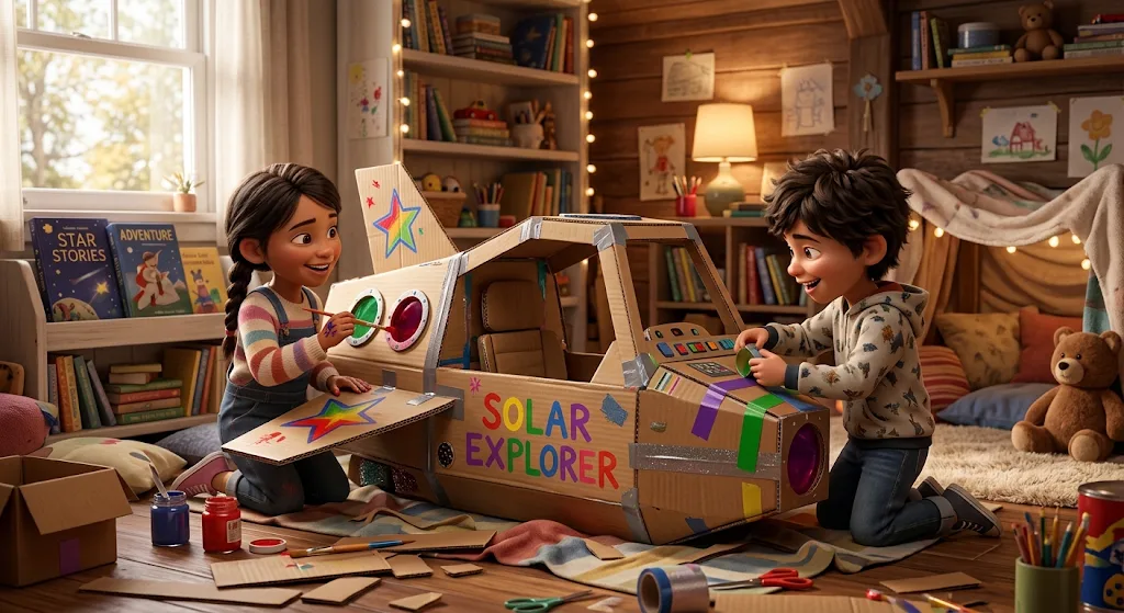 Two children painting and taping a cardboard spaceship labeled Solar Explorer in a cozy playroom