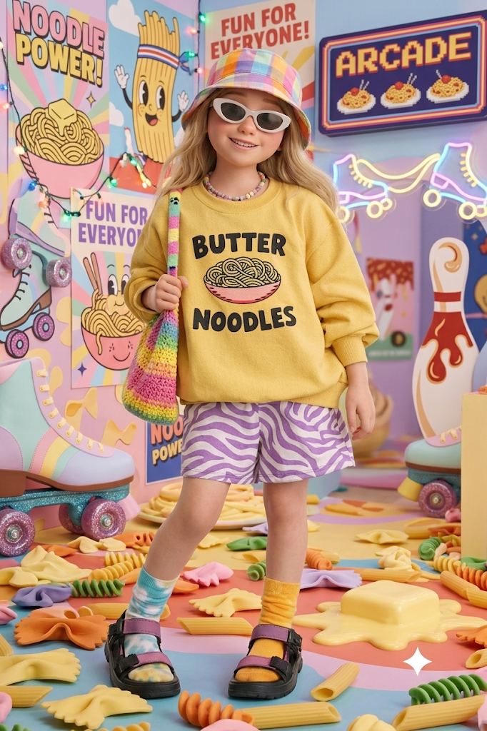 Game card: a child in a butter noodles sweatshirt in a colorful arcade