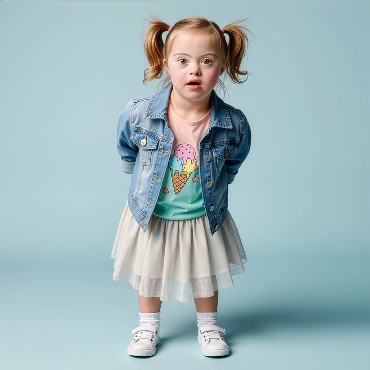 A girl in a denim jacket and tulle skirt standing confidently