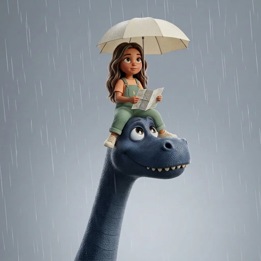 A girl with an umbrella and a map riding on a friendly dinosaur in the rain