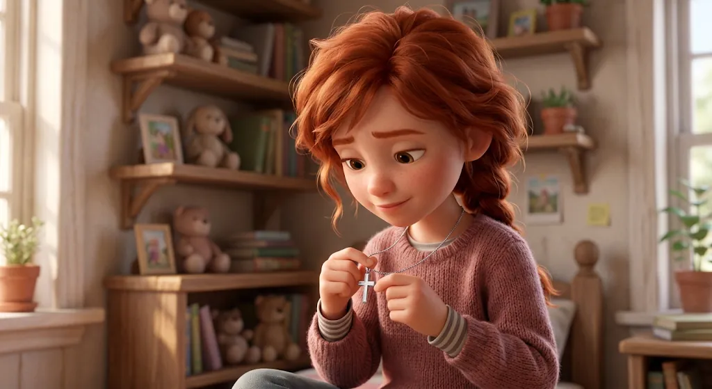 A girl gently holding a cross necklace in her bedroom
