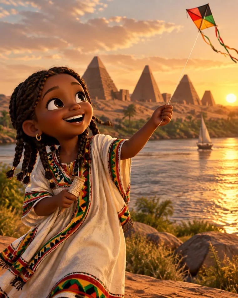 A Sudanese girl flying a kite by the Nile