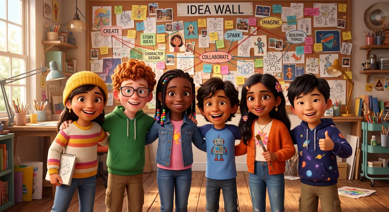 Six smiling children in front of a colorful idea wall full of drawings and notes