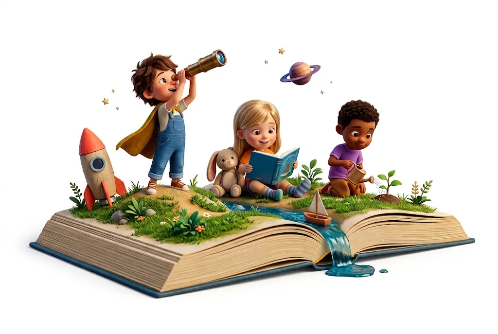 Three children on an open storybook world: one looking through a telescope, one reading with a toy bunny, and one watering a seedling.