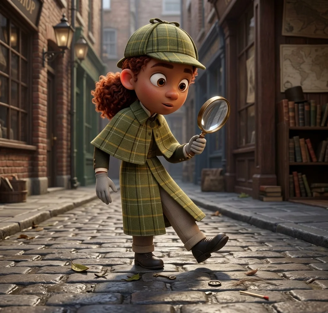 A curious girl in a detective hat and plaid coat examining clues on a cobblestone street with a magnifying glass