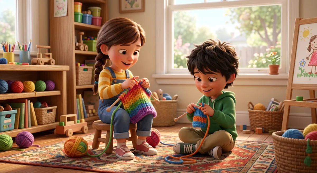 Two kids knitting with colorful yarn on a rug in a sunny playroom