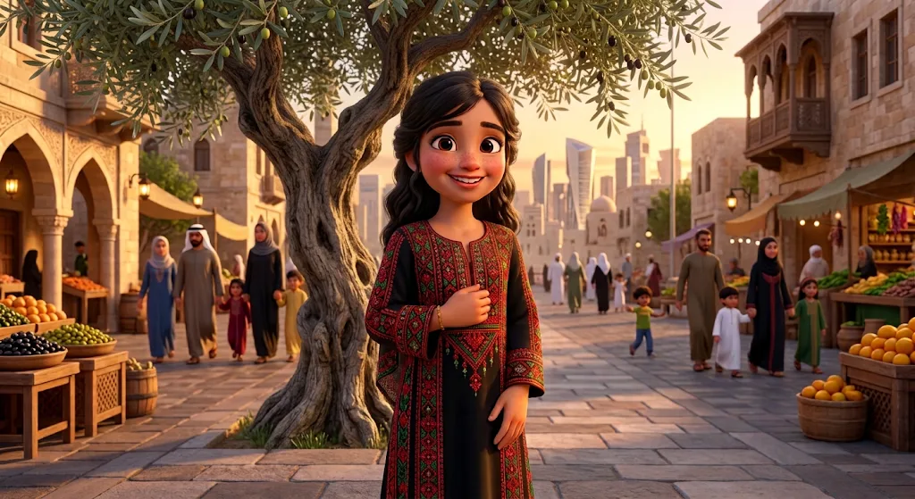 A girl in an embroidered dress under an olive tree in a market square