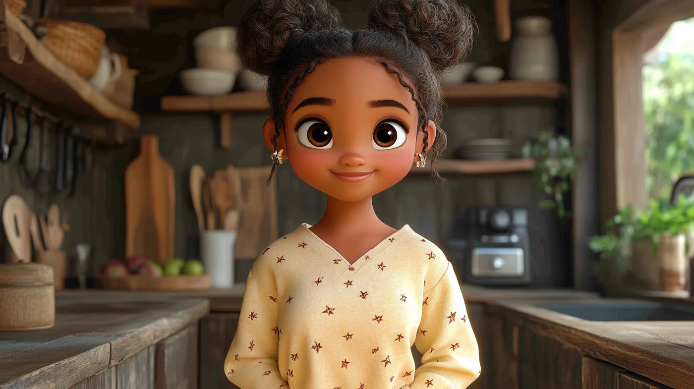 A smiling girl with her hair in two puffs standing in a warm wooden kitchen