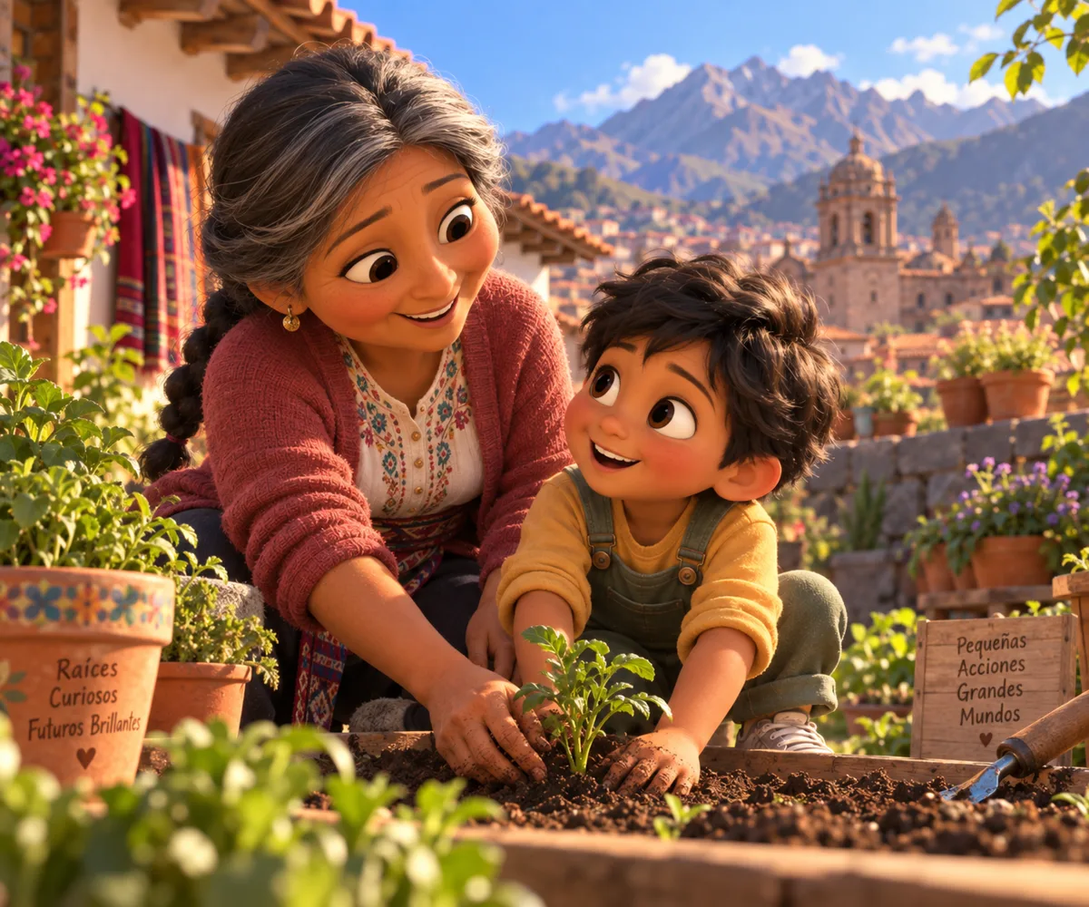 A grandmother and a boy planting a seedling together