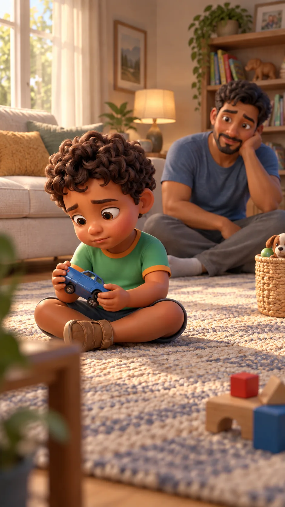 A little boy sitting on the rug holding a toy car while his dad watches gently from nearby