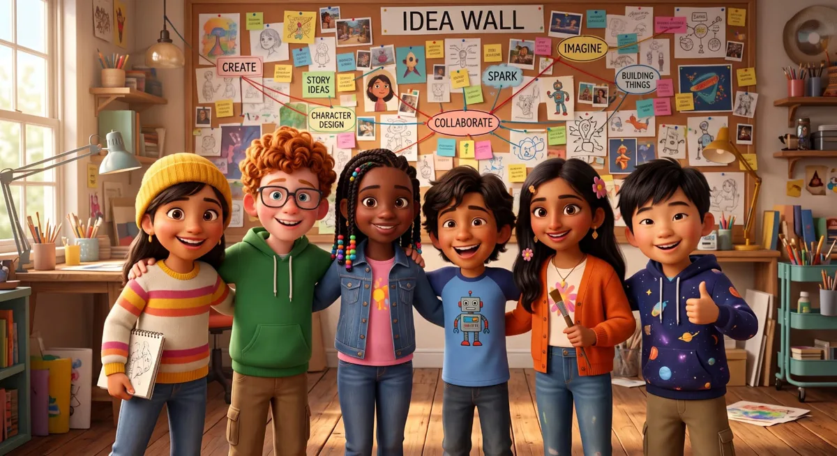 Six smiling friends with arms around each other in front of a colorful idea wall