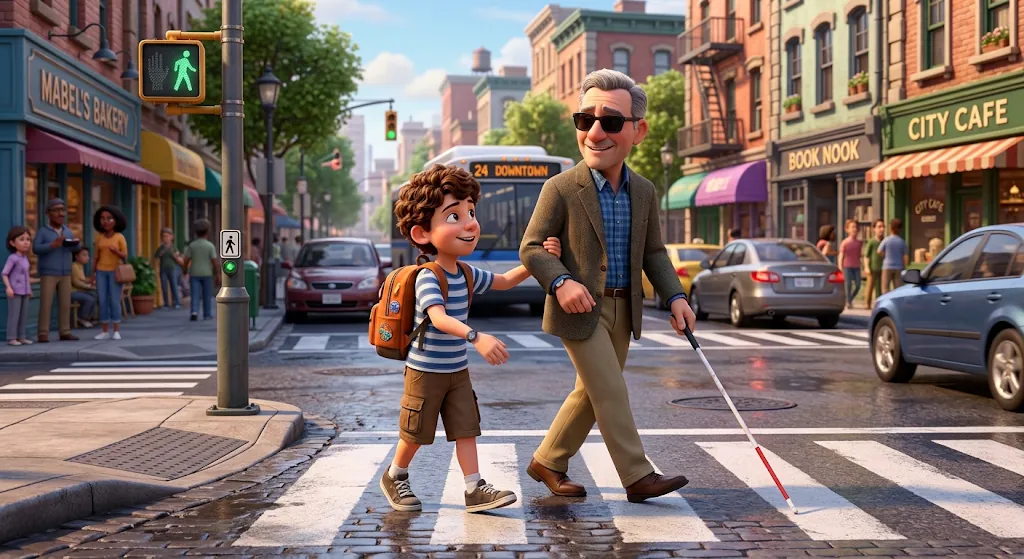 A boy helping a blind man cross the street