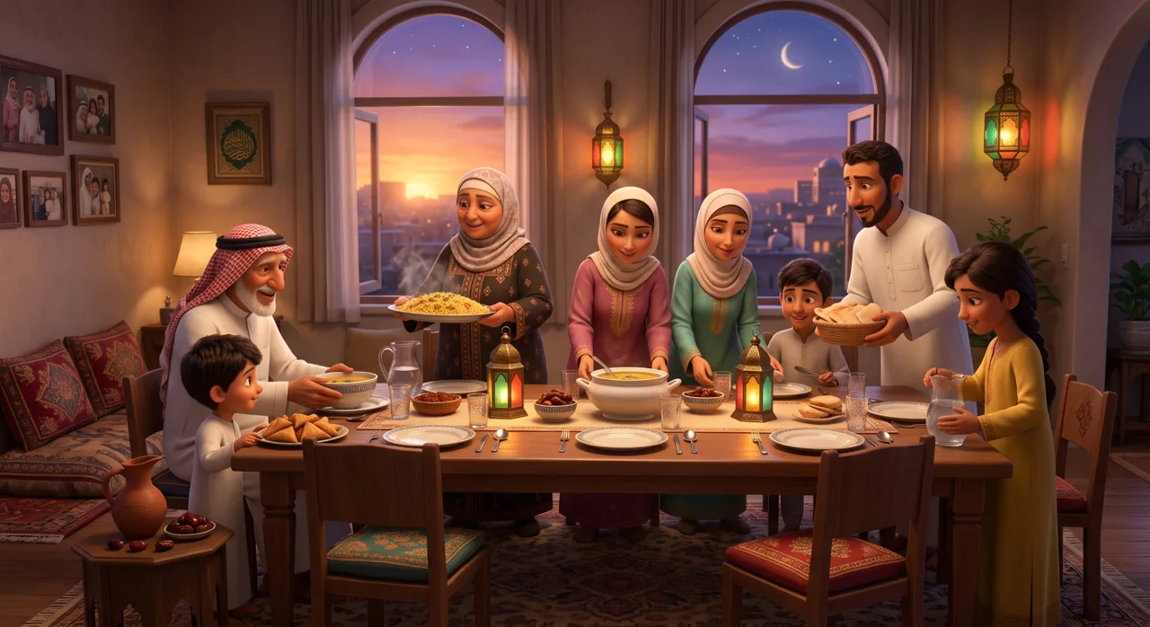 A family gathering around the table to break their Ramadan fast at sunset