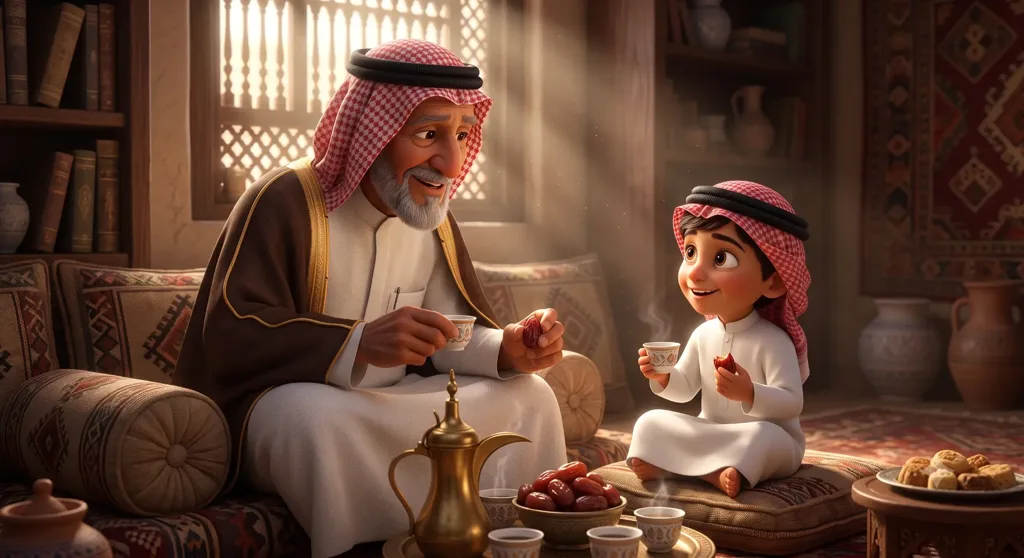 A grandfather and grandson sharing Arabic coffee and dates