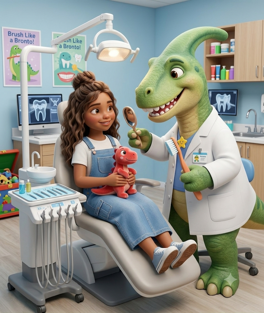 Storybook cover: a friendly dinosaur dentist with a child in the dental chair