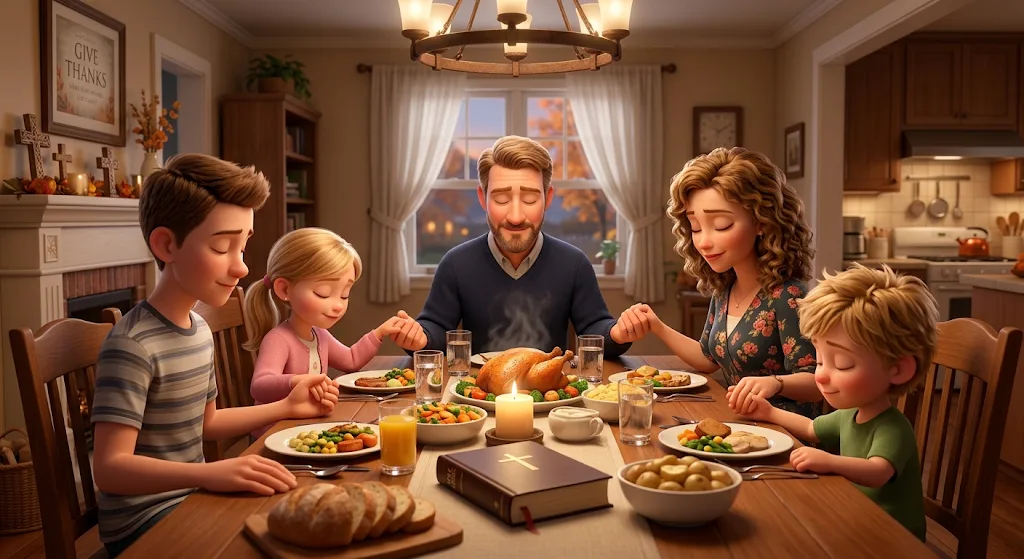 A family holding hands and giving thanks around the dinner table