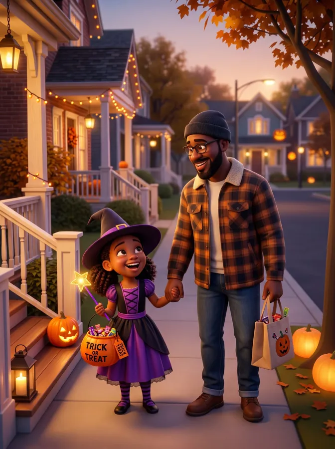 A girl in a witch costume trick-or-treating hand in hand with her dad