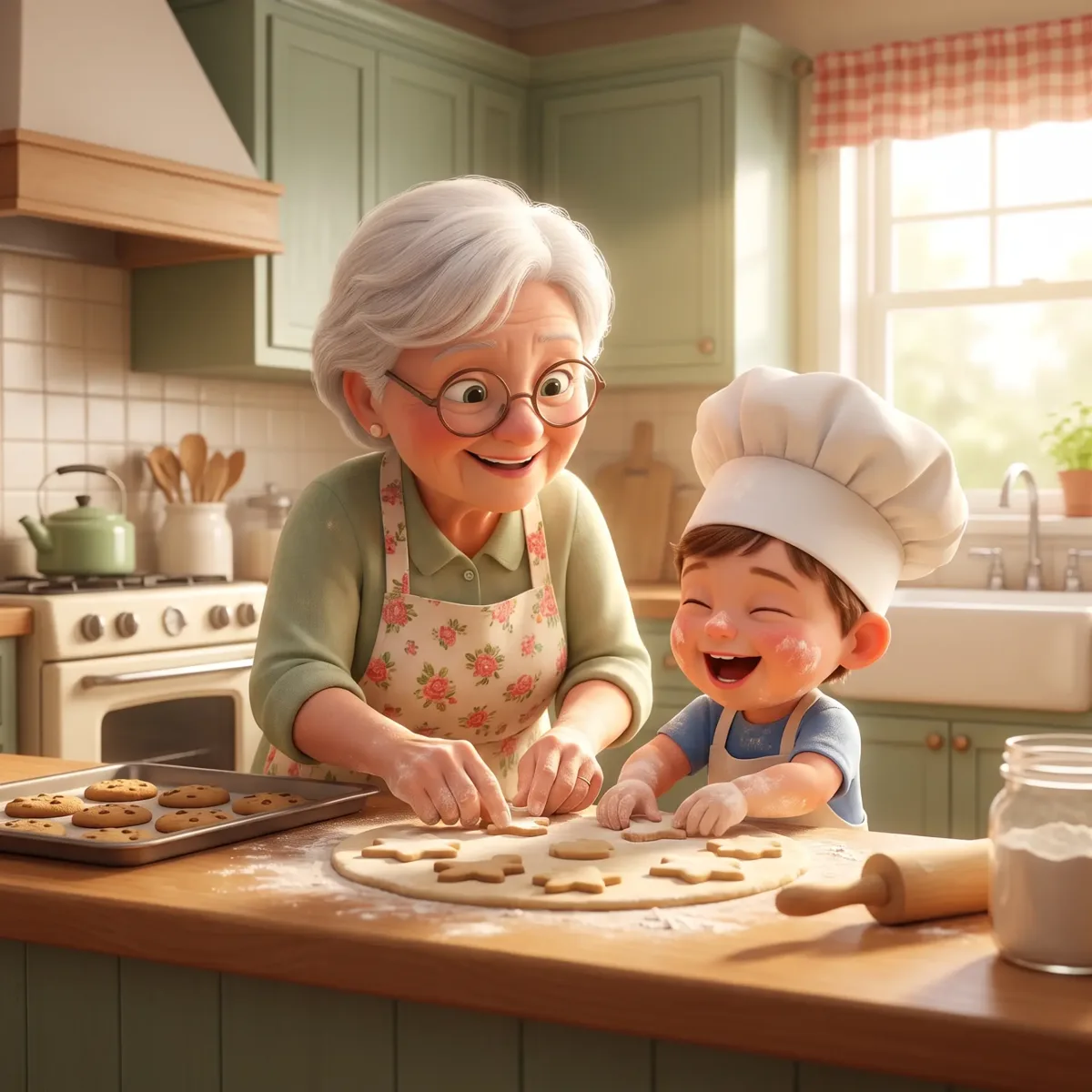 A laughing boy in a chef hat cutting out cookies with his grandma in a sunny kitchen