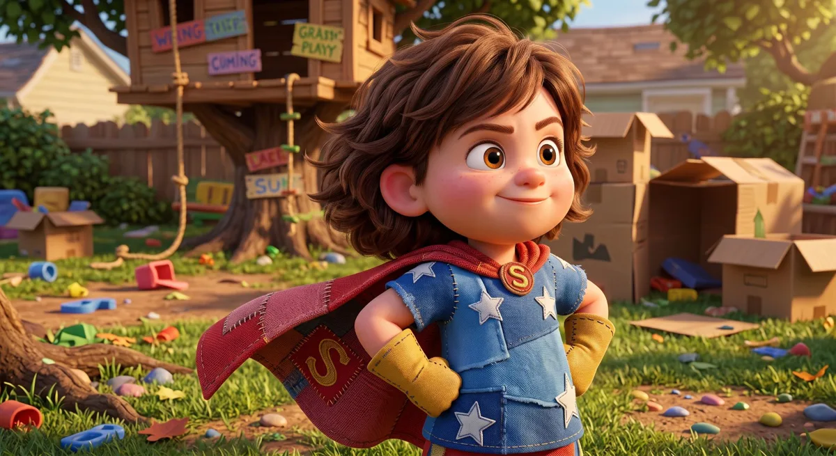 A smiling child in a patchwork superhero cape standing in a backyard with a treehouse and cardboard boxes