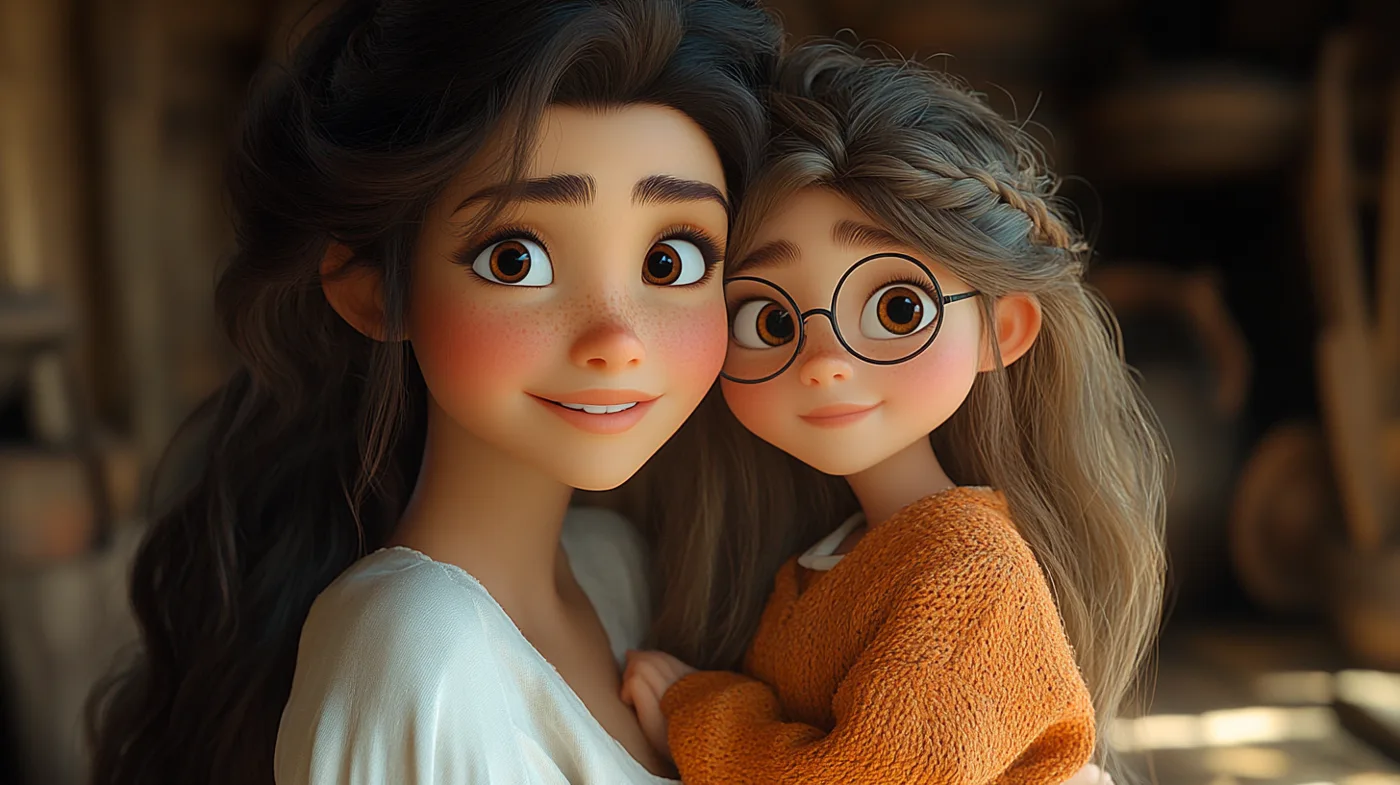 A smiling mother with long dark hair cheek to cheek with her daughter in round glasses
