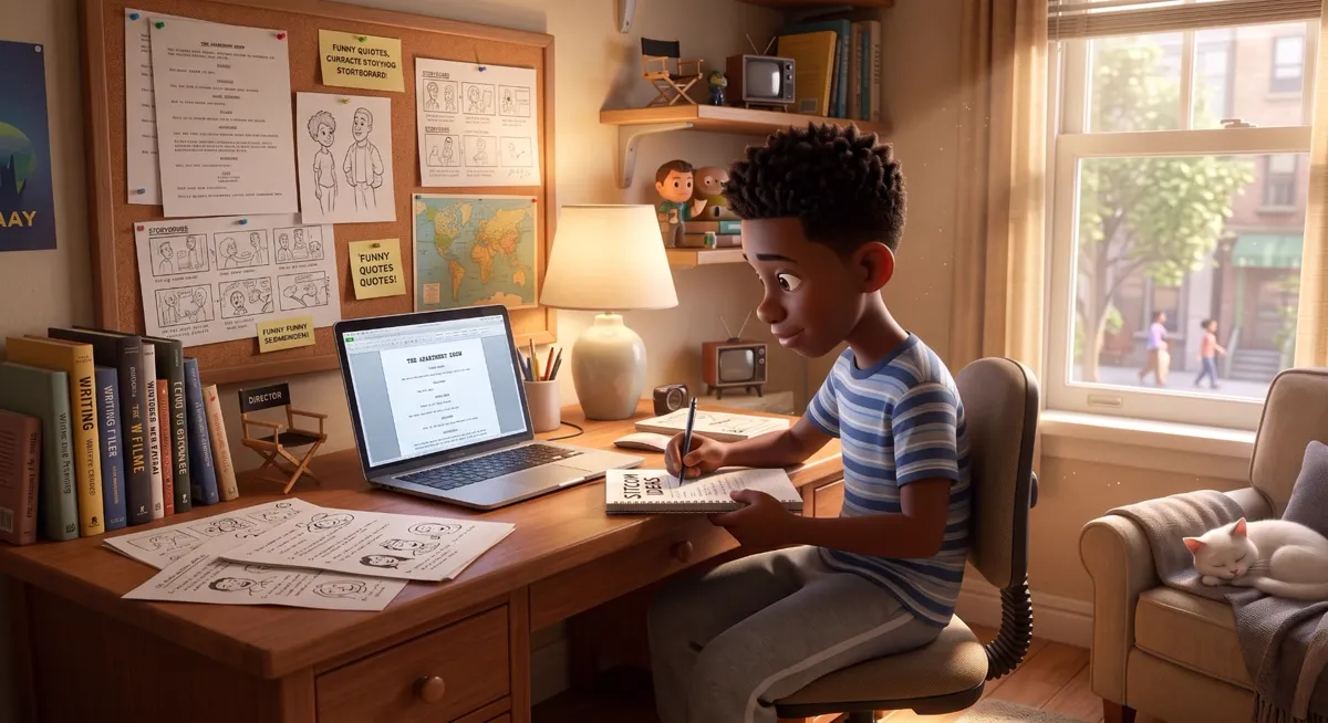 A boy writing sitcom ideas at his desk