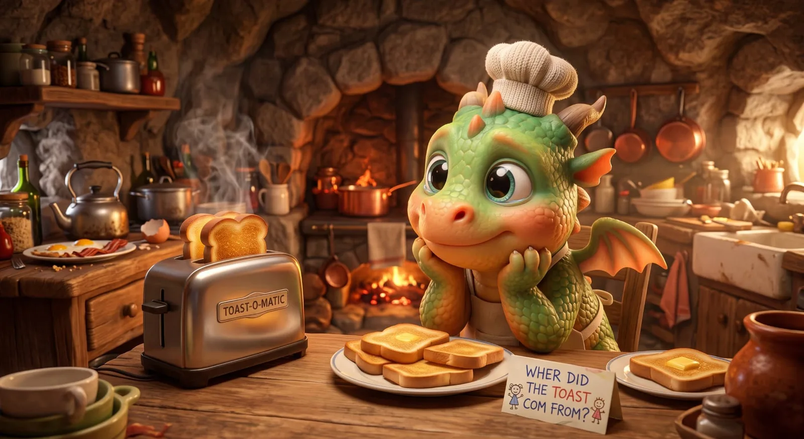 A little green dragon in a chef hat staring at a plate of toast in a cozy stone kitchen