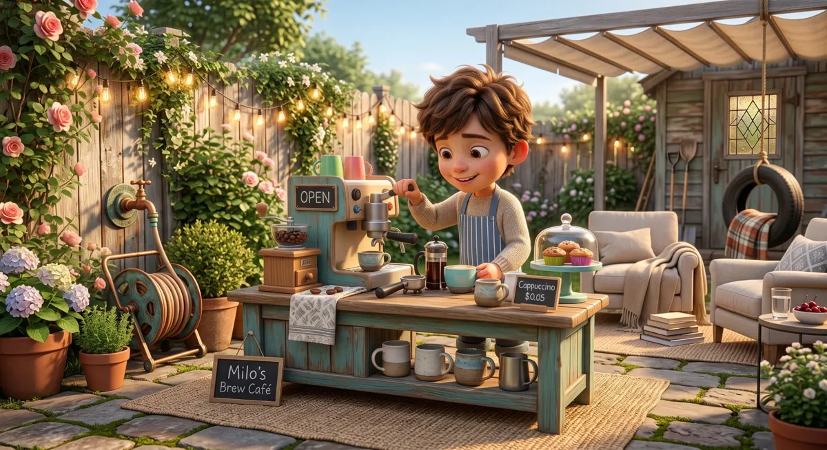 A boy running his own pretend backyard café