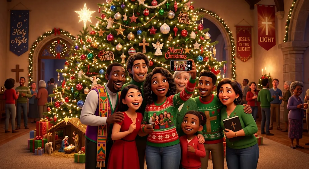 A church family taking a joyful Christmas selfie by a decorated tree