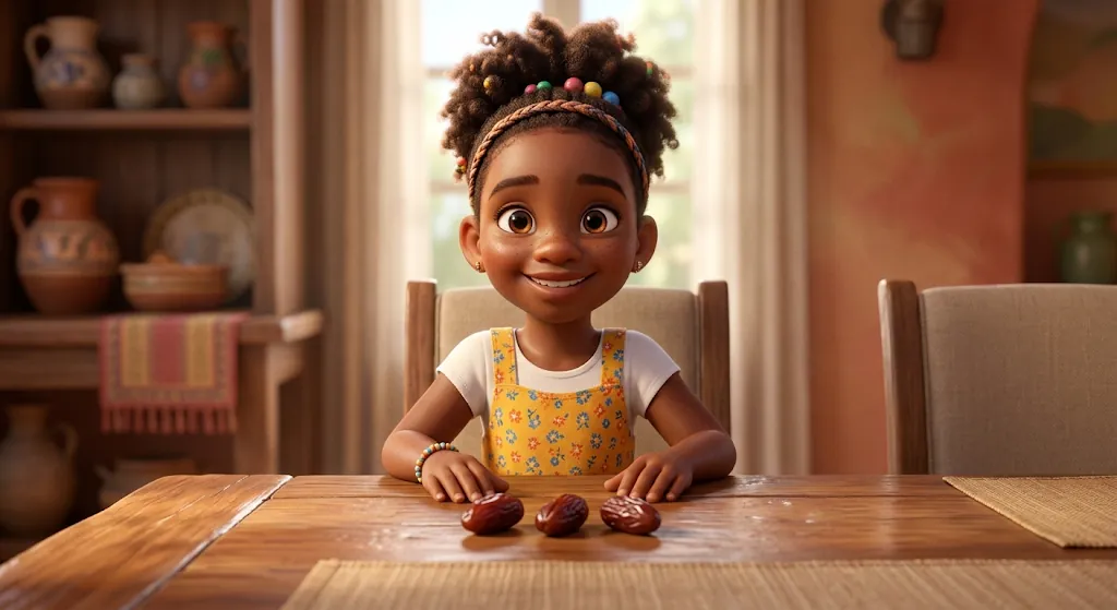 A smiling girl at a wooden table with three dates in front of her