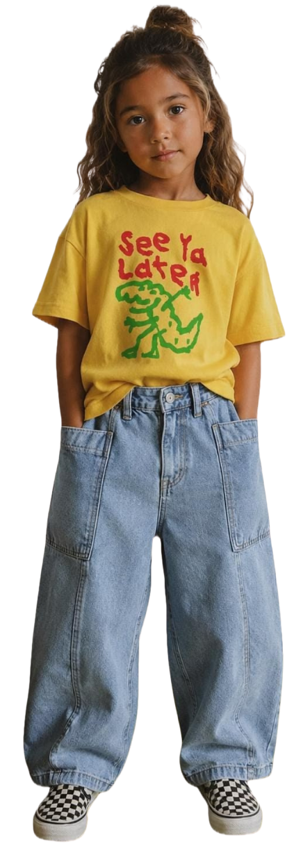 Zara, a five-year-old in a yellow t-shirt and blue jeans