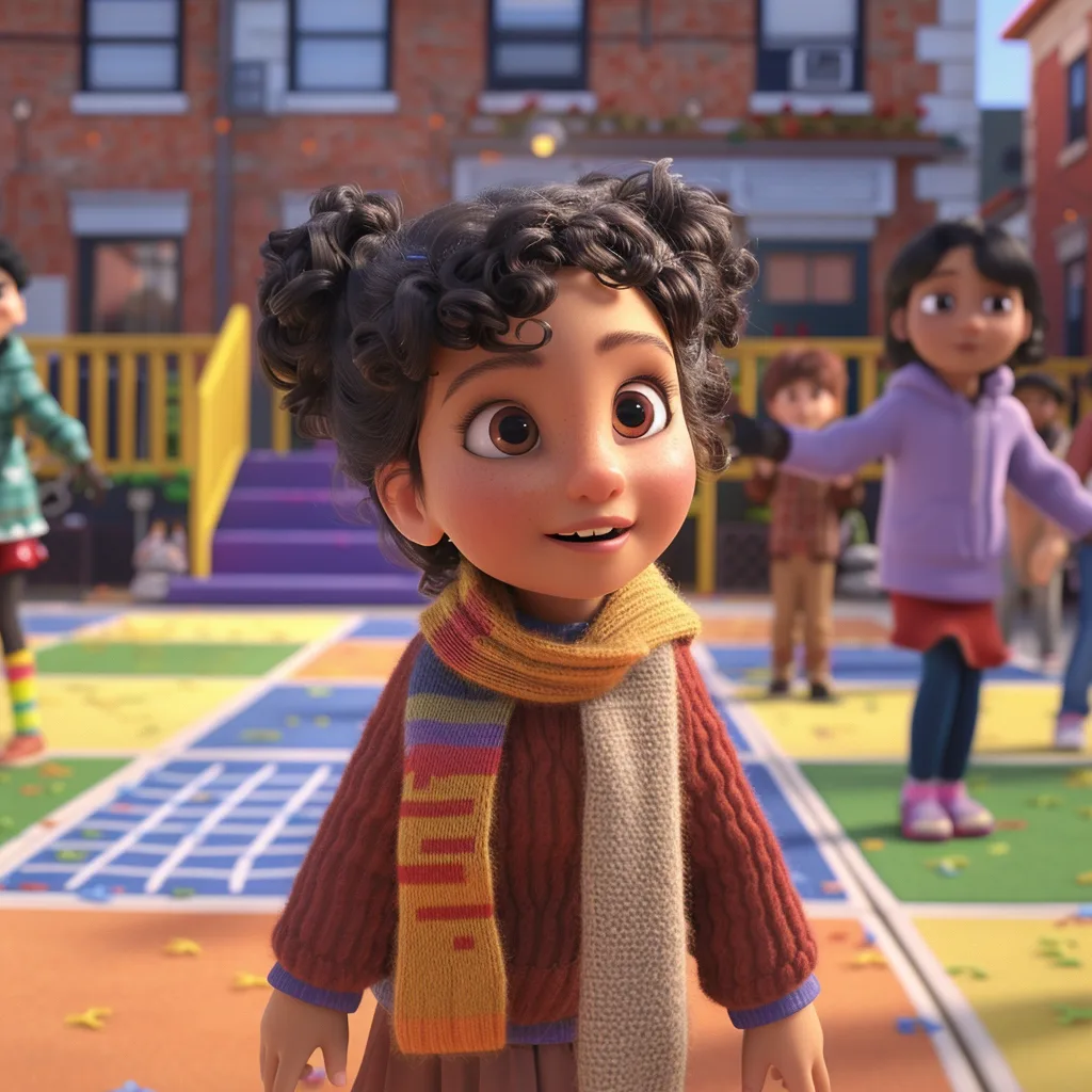 A curly-haired girl in a striped scarf smiling on a colorful schoolyard with friends playing behind her