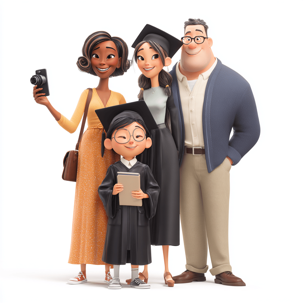 A family and their child standing together
