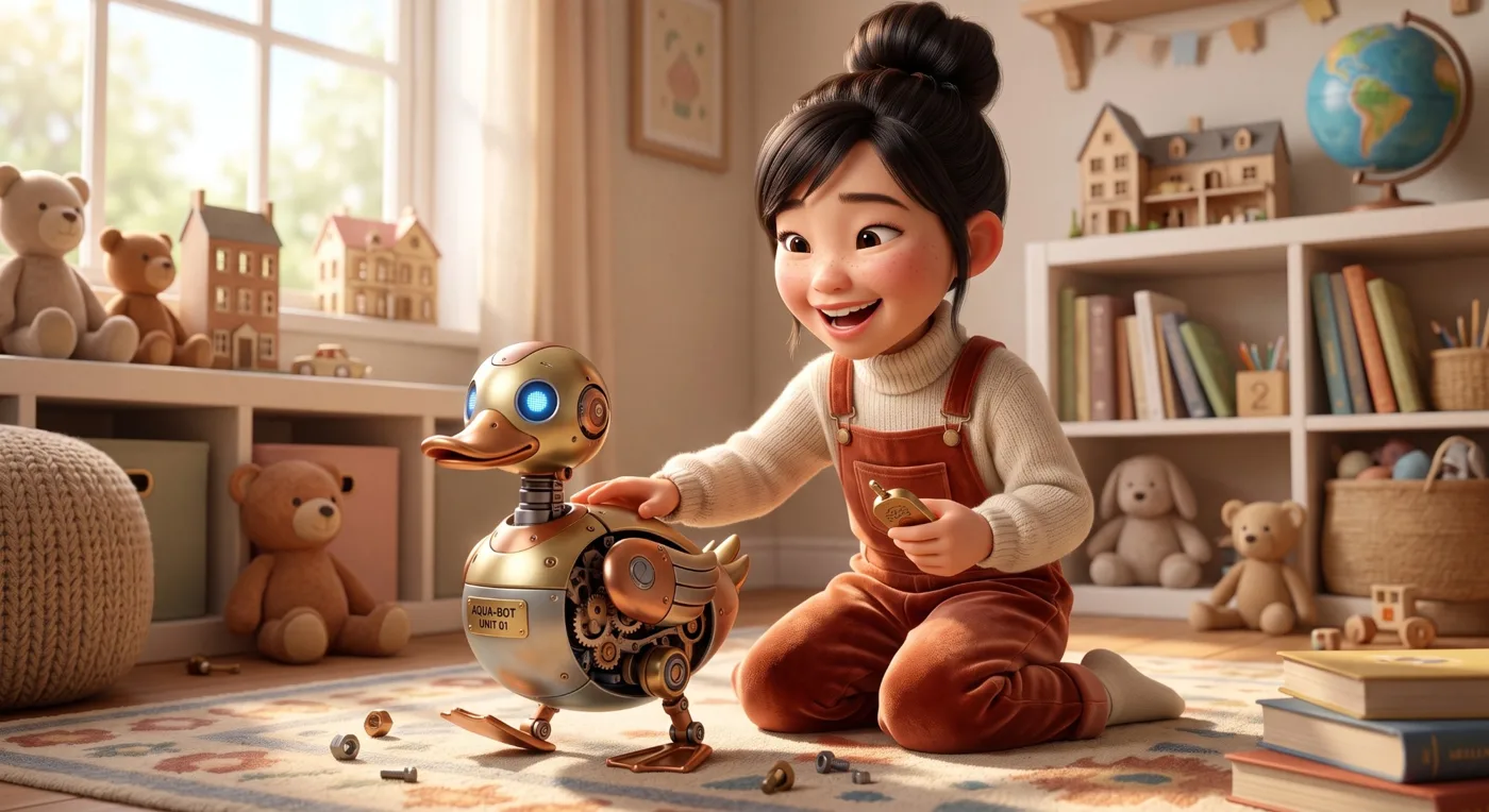 A delighted girl in a playroom winding up a brass-and-copper robot duck