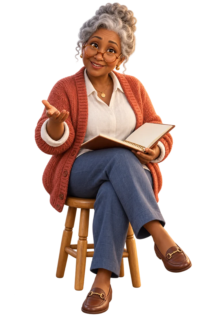 An illustrated grandmother on a wooden stool holding an open notebook