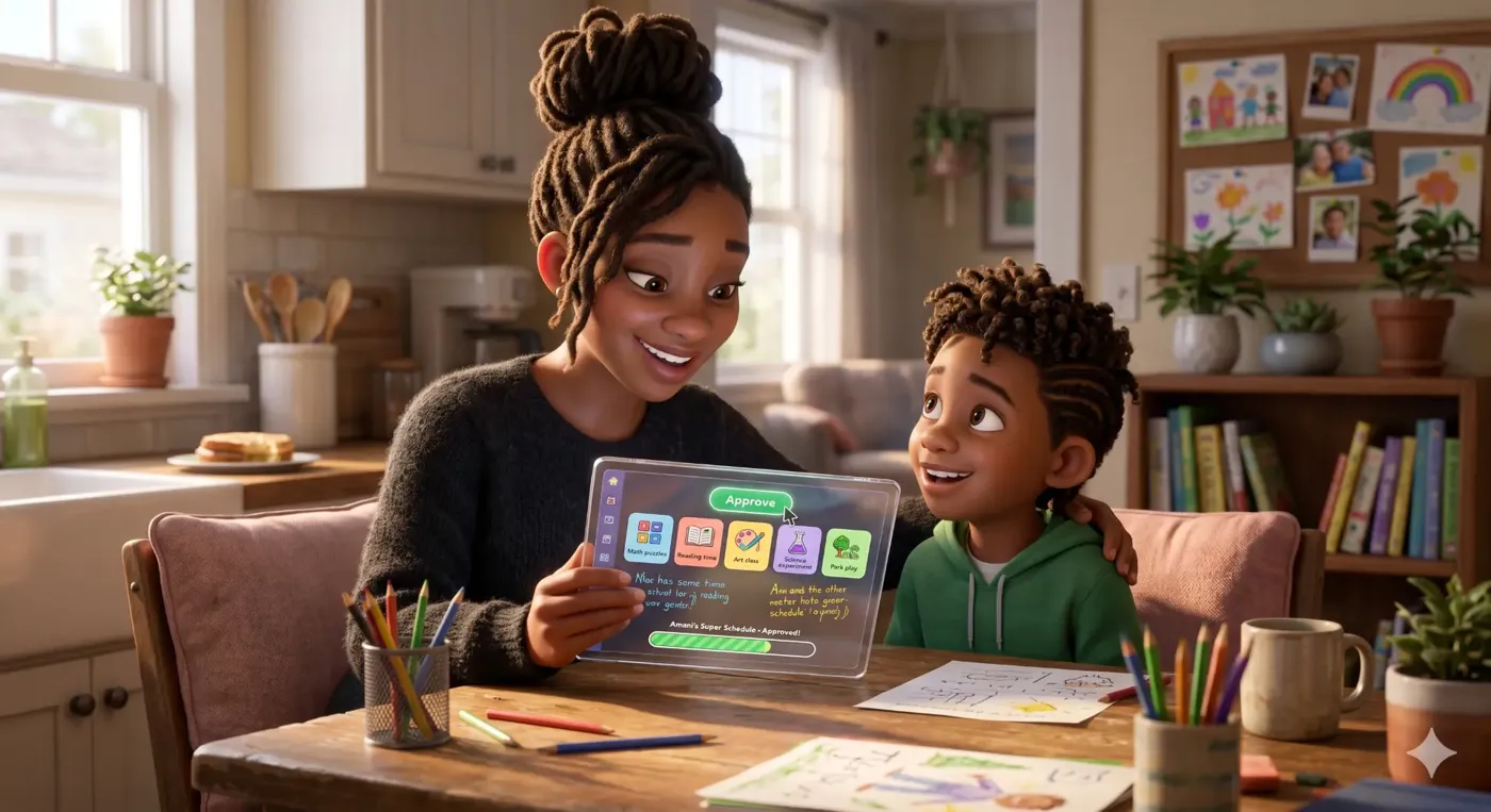 A mom showing her son a schedule on a tablet at the kitchen table