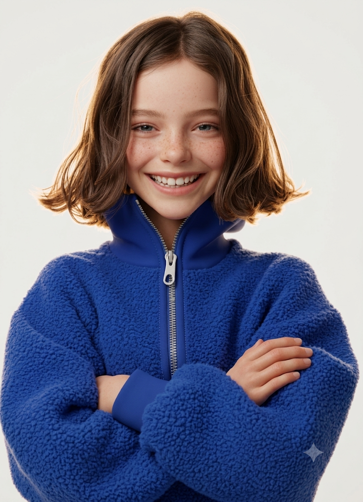 Game card: a smiling child in a blue fleece jacket with arms crossed