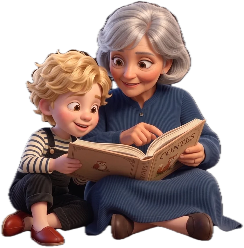 A grandmother and child reading a French storybook together