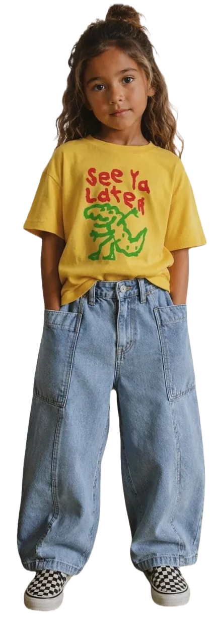 Layla, a five-year-old in a yellow t-shirt and blue jeans