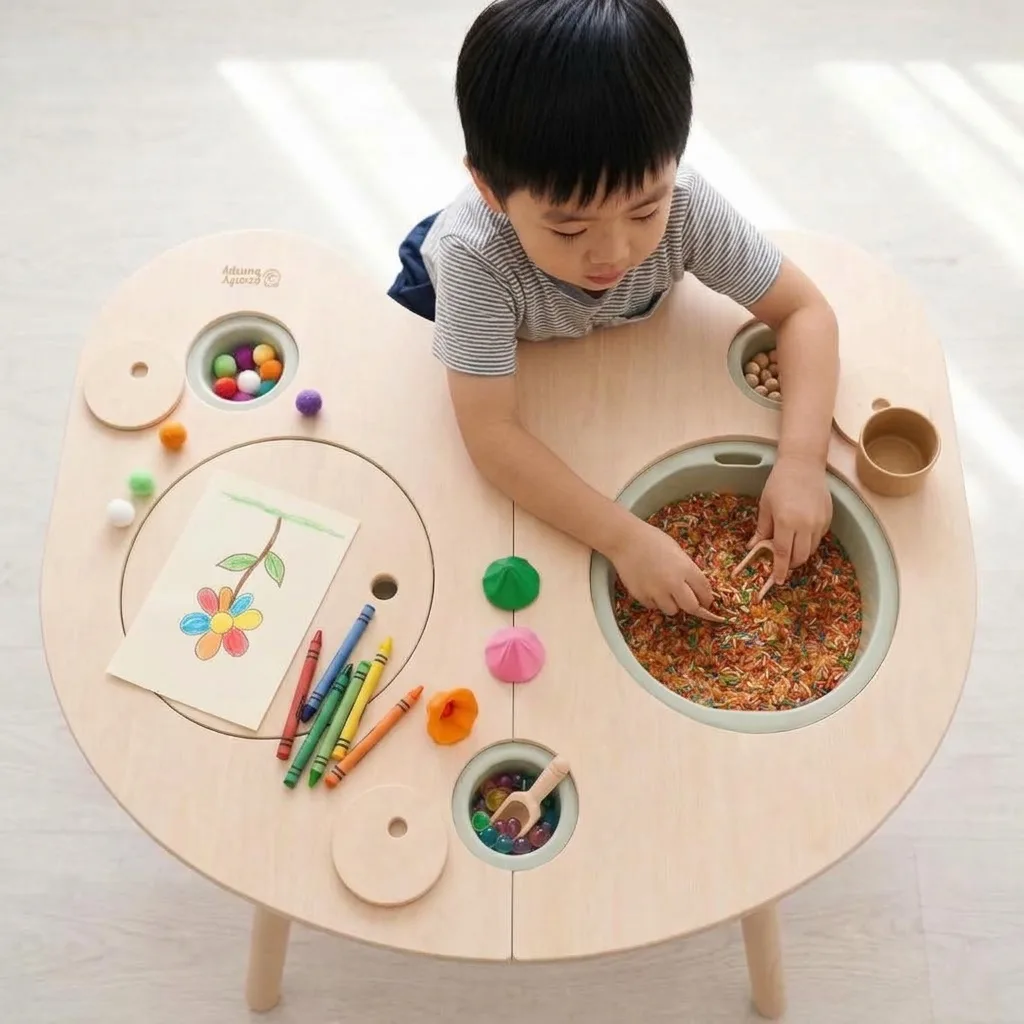 A boy scooping colored rice at a wooden sensory table with crayons, pom-poms and a drawing