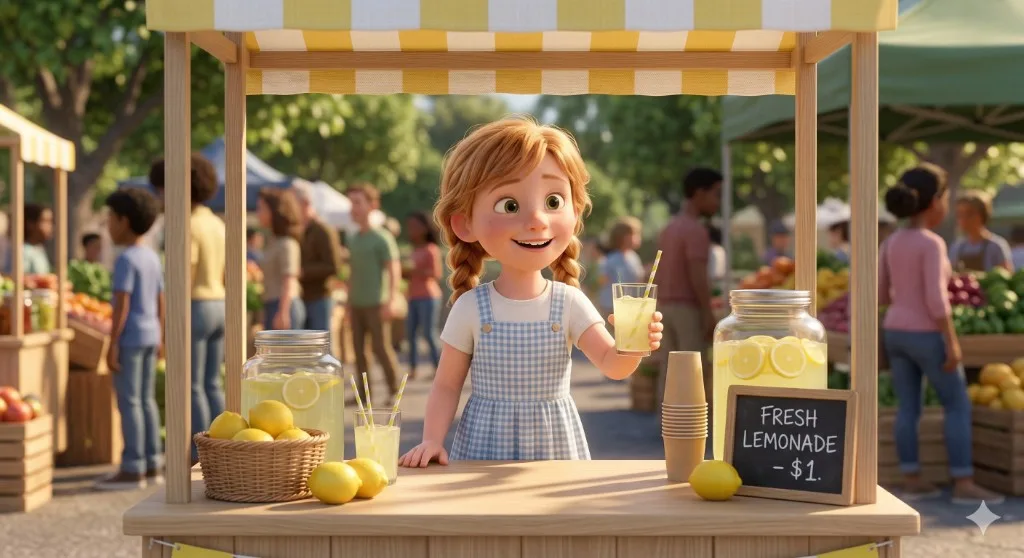 A smiling girl in a gingham pinafore holding up a glass of lemonade at her own lemonade stand
