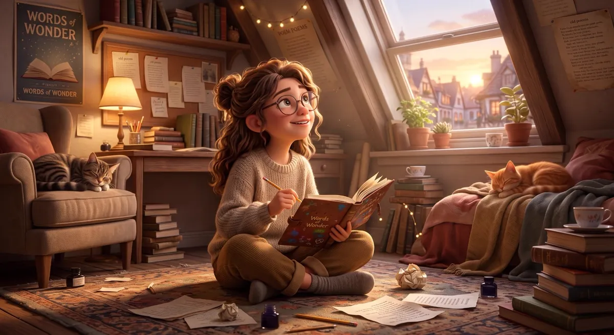 A girl writing poems in a cozy attic room