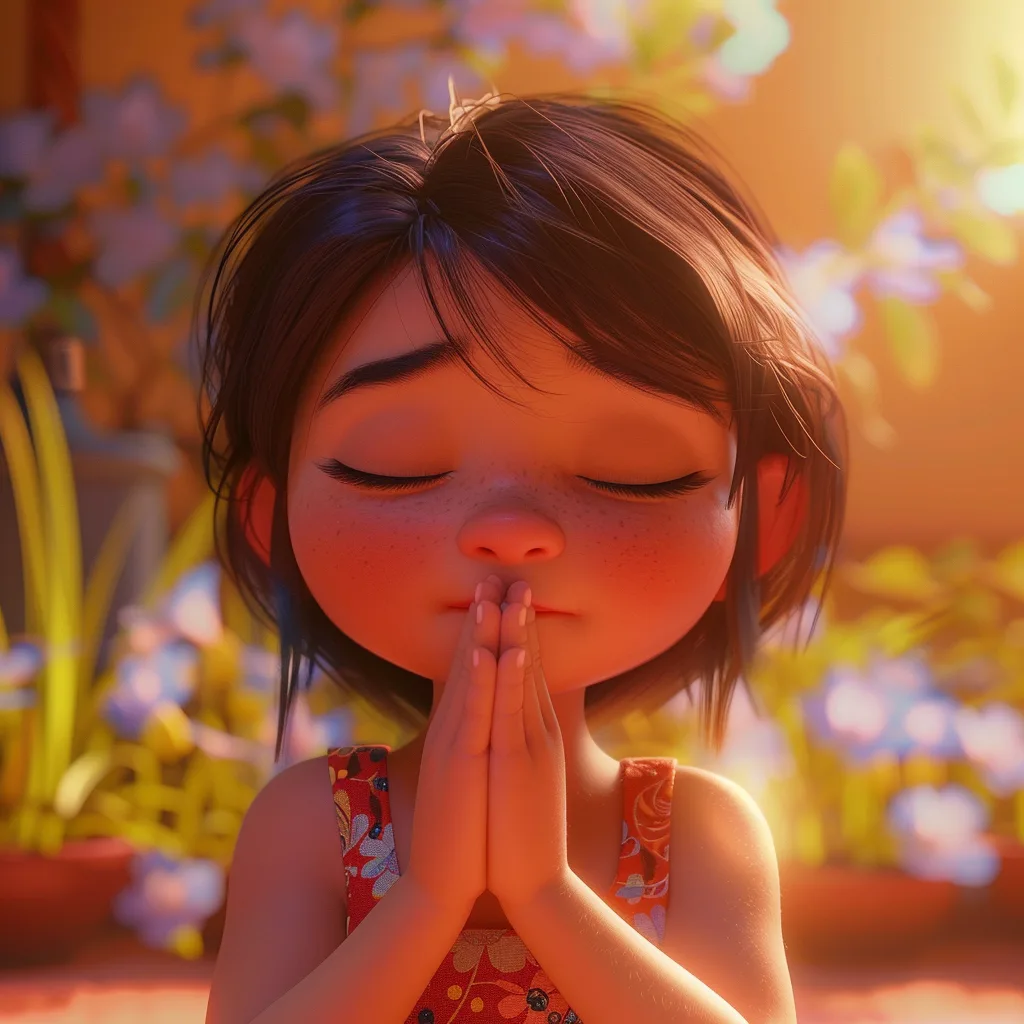 A young girl with closed eyes and folded hands, taking a calm breath