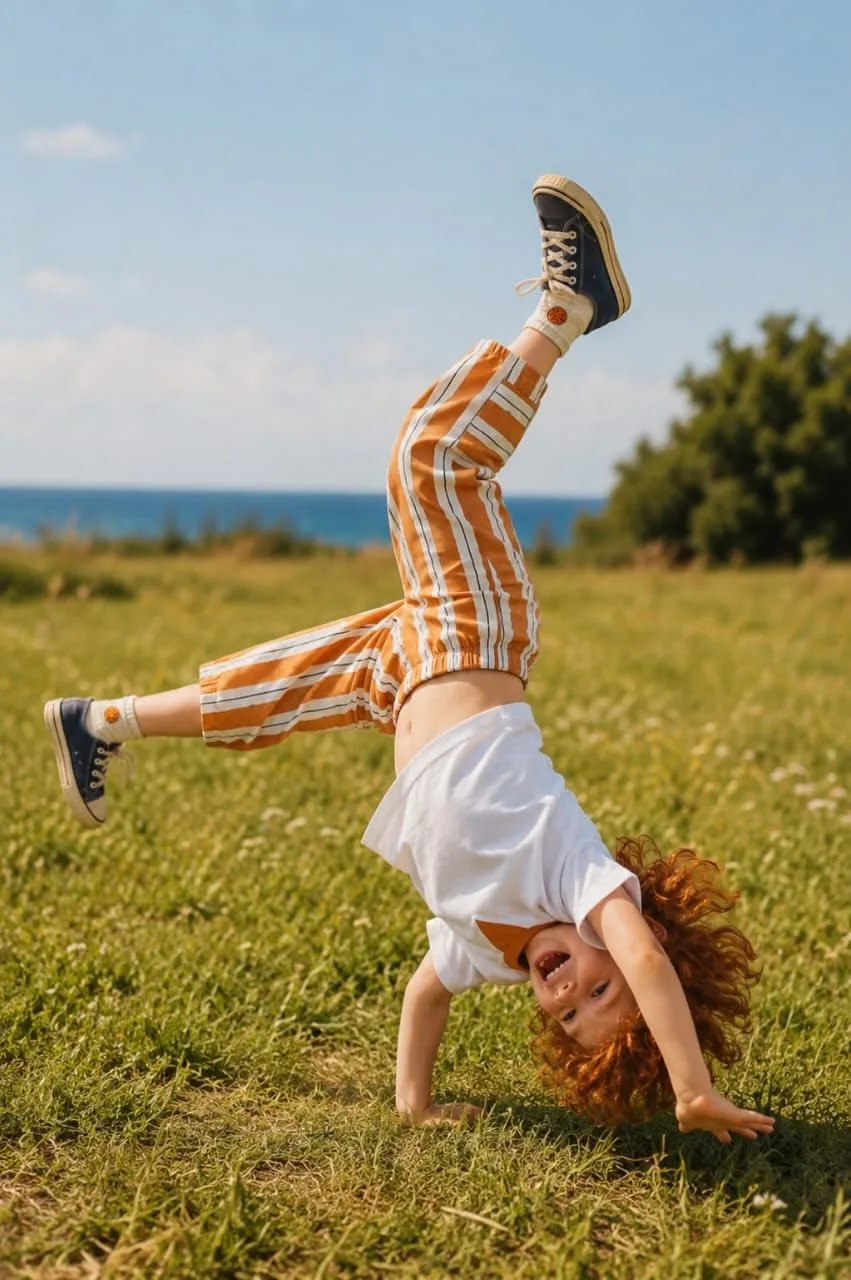 A laughing child with curly red hair doing a cartwheel in a grassy field by the sea