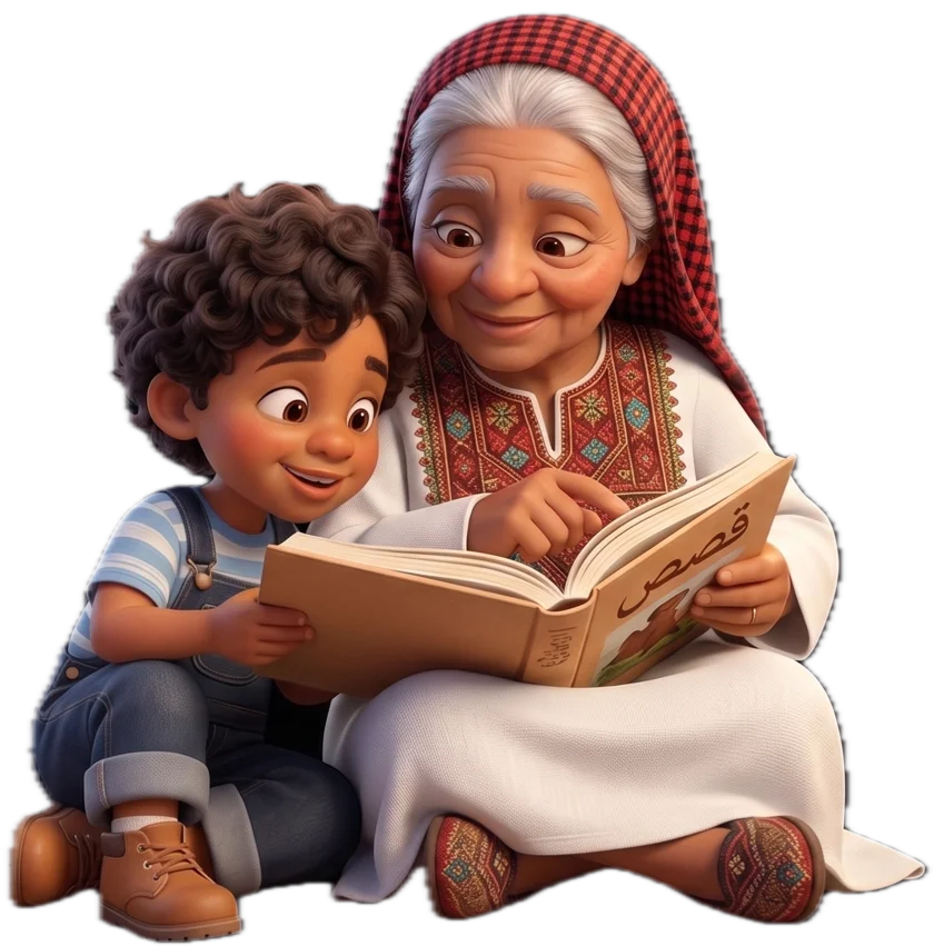 A grandmother and child reading an Arabic storybook together