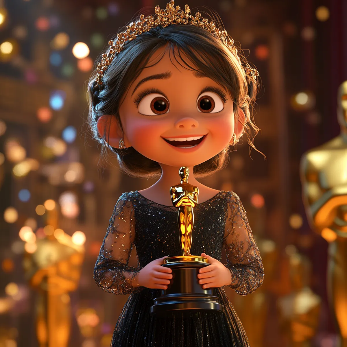 A smiling girl in a sparkly black dress and tiara holding a golden award statue