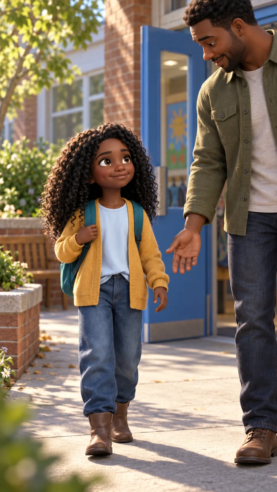 A girl with a backpack smiling up at her dad as they walk to the school door