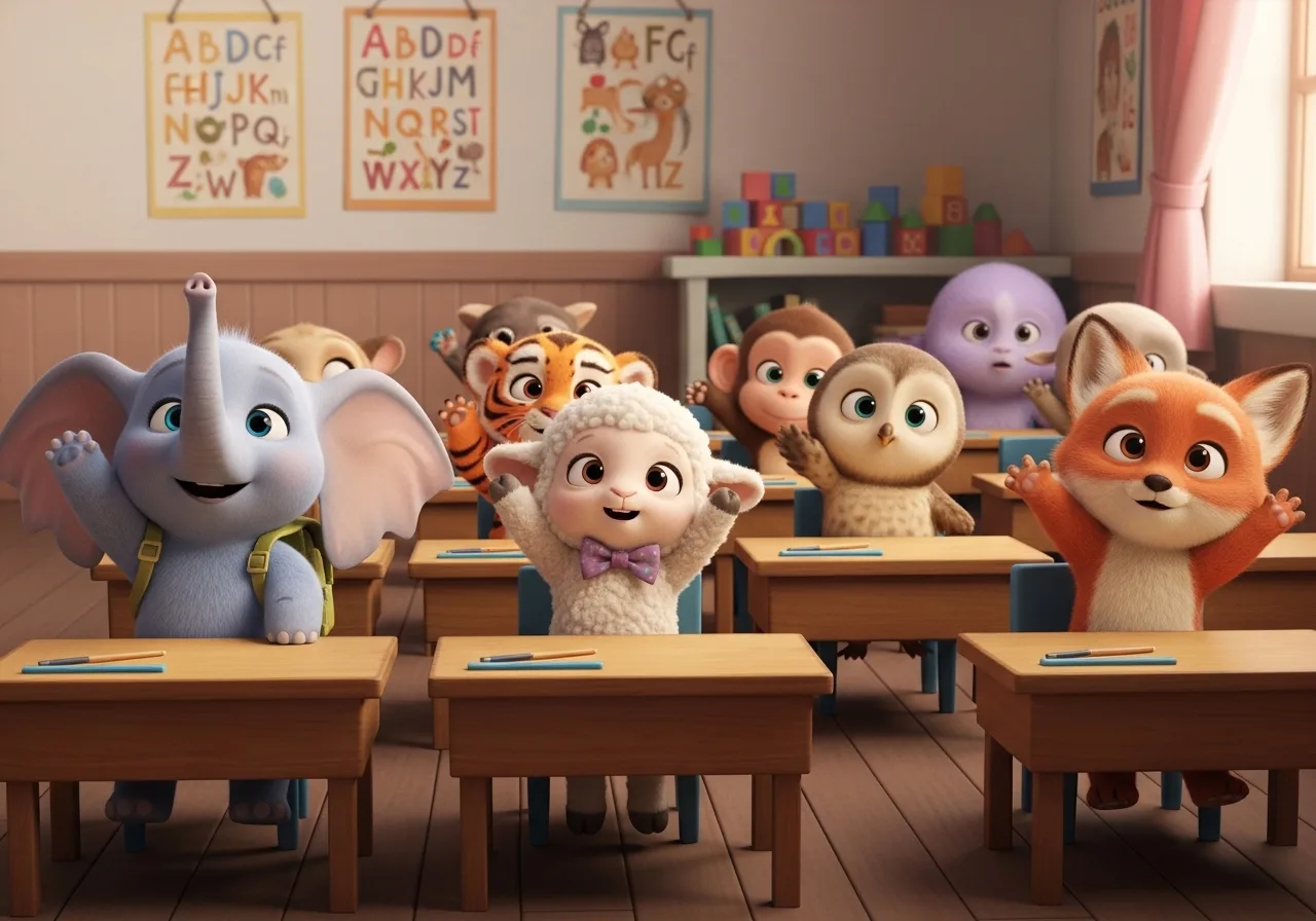 A classroom of cartoon animal students raising their hands at wooden desks
