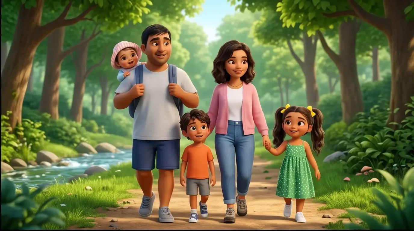 A family of five walking together along a forest path beside a stream
